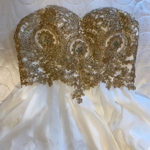 strapless short white dress with gold beads
